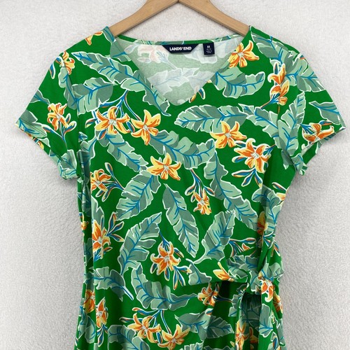 LANDS END Dress M 10-12 Stretch Jersey Tropical Floral Faux Side Wrap Green NEW - Picture 3 of 13