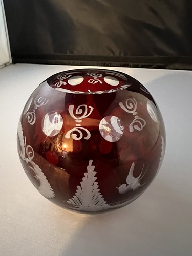 Egermann Bohemian Red Ruby Glass Rose Bowl Vase Candle etched bird trees houses - Picture 7 of 12
