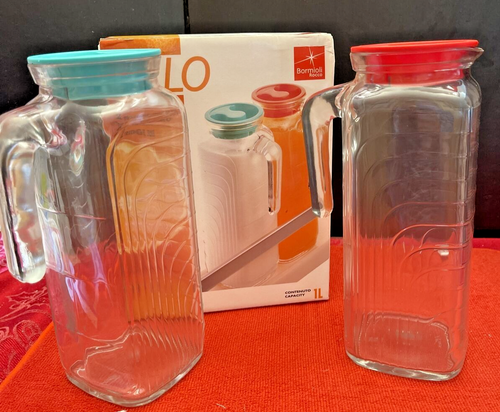 Bormioli Rocco Gelo Glass Jug/Pitcher with Lids- 41 Ounce Twin Pack New In Box