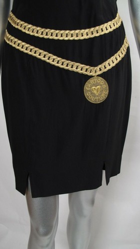 100% Auth Vintage MOSCHINO COUTURE Double Gold Chain On LBD Pencil Dress 42 / 8 - Picture 2 of 7