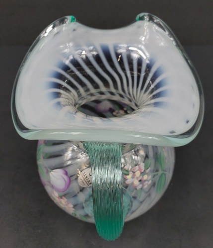 Fenton French Opalescent Spiral Optic Pitcher Sea Green Crest & Handle HP Floral - Picture 10 of 12