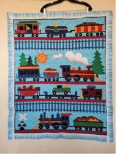 Baby Boy Train Quilt, nursery Blanket 41 x 33 inches Blue Red