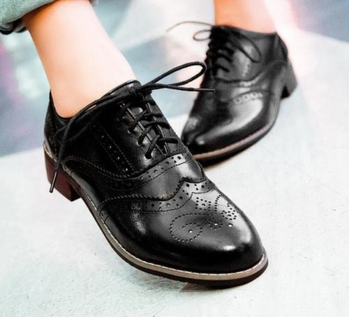 Damenschuhe Brogue Retro kubanische Oxford-Schuhe niedriger Absatz Freizeit Schnürschuhe College-Schuhe - Bild 25 von 29
