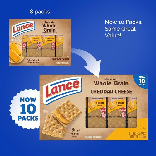 Lance Sandwich Snack Cookies Crackers, Whole Grain Cheddar Cheese, 10 Packs - 第 2/7 張圖片