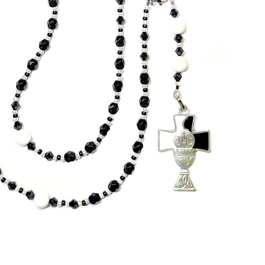 Anglican ROSARY Prayer Beads NECKLACE Black White, Eucharist