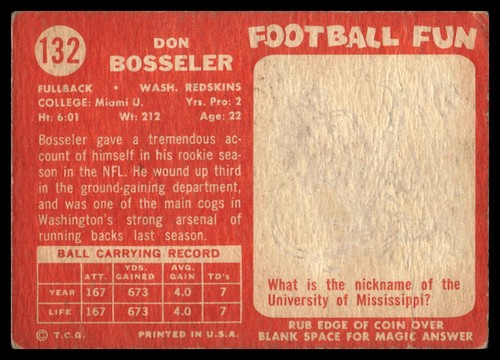 Don Bosseler 1958 Topps #132 Washington Redskins pliegue de bajo grado - Imagen 2 de 2
