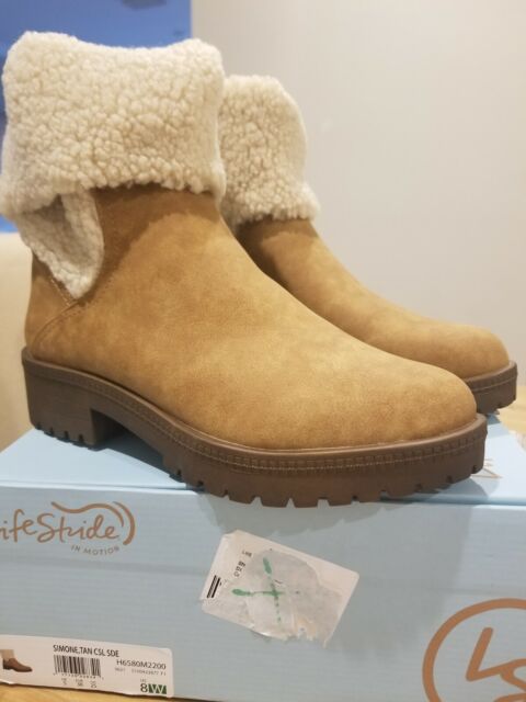 NIB Lifestride Lugsole Ankle Comfort Boots In Tan With faux shearling trim