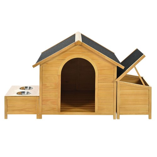 Outdoor Wooden Dog House Raised Pet Dog Crate with Adjusable Storage Box & 2 Bow - Picture 16 of 19