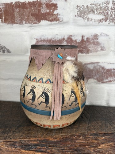 Kokopelli Indianer Ton Keramik Vase Südwest Stil 6" Verzierung signiert
