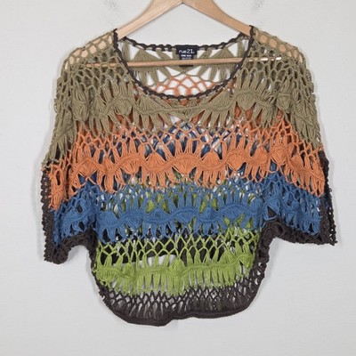 Vtg Y2K Rue 21 Crochet Knit Top Stripe One Size Boho Festival Hippie Coastal