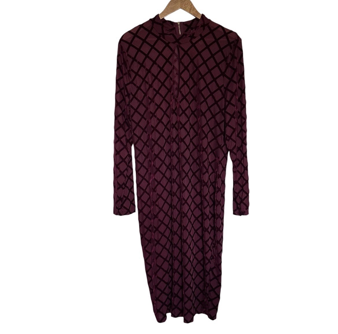 K Glam Plus Dress Women’s 3XL Burgundy Sheer Long Sleeve Zipper MIDI