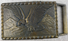 Vintage Brass Belt Buckle American Eagle Flying Over Mountains