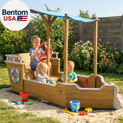 Wooden Kids Sandbox, Ship-Shape Sand Box Toy Box with Bench Seat & Hidden Storag