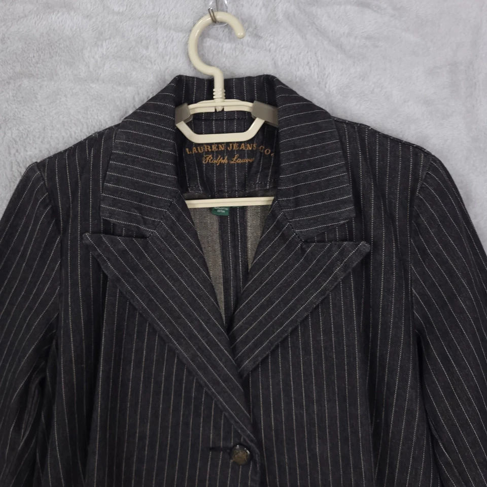 Vintage Ralph Lauren Denim Jacket Women Sz M Black Fitted Buttons Y2K Pinstripe - Image 3 of 4