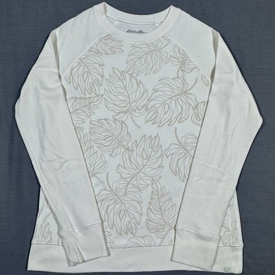 Eddie Bauer Womens Medium Cream Monstera Leaf Sweatshirt Casual Pullover Classic
