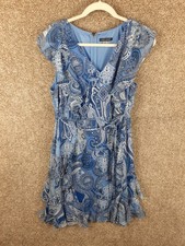 Tommy Hilfiger Ruffled Paisley Chiffon Dress Womens 14 Blue Short Sleeve Casual