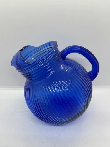 Hazel-Atlas Blue Cobalt Ribbed Depression Glass Tilted Handled Pitcher Vintage