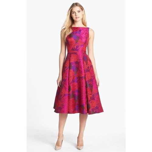 Adrianna Papell Floral Tea Length Jacquard Dress