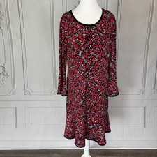 MICHAEL Michael Kors Red Floral Long Sleeve Shift Dress Sz L Black Trim Office