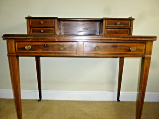 Antique writing desk with inlays drawers and leather worktop