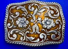 Orange Flower Swirl Ornate Floral Theme Enameled Western Cowgirl Belt Buckle