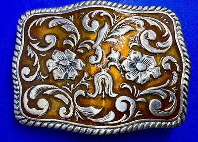 Orange Flower Swirl Ornate Floral Theme Enameled Western Cowgirl Belt Buckle