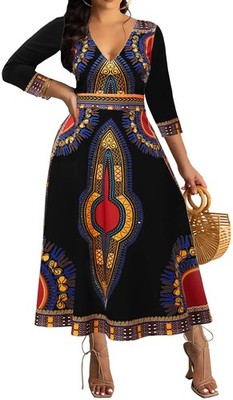 Sexy Dashiki Dress for Women V Neck Long Sleeve Casual Long Maxi African Prin...
