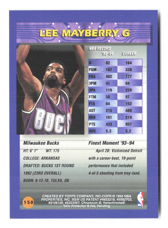 1994-95 Finest #158 Lee Mayberry - Image 2 of 2