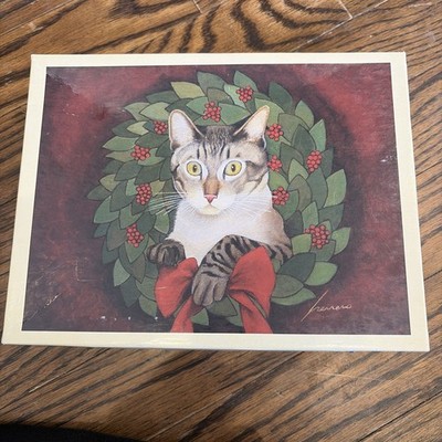 14 RARE NEW VTG Cat Christmas New Year Card Lowell Herrero Brown Tabby Wreath