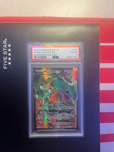 2012 POKEMON BLACK AND WHITE DRAGONS EXALTED #123 FULL ART RAYQUAZA EX PSA 6