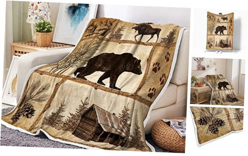 Rustic Throw Blankets, Farmhouse Country Antique Bear Moose Forest 50X60 Cabin