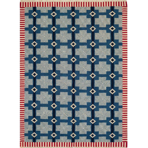 Hand Woven Wool Dhurrie Rug Blue Geometric Flatweave Area Carpet for Living Room