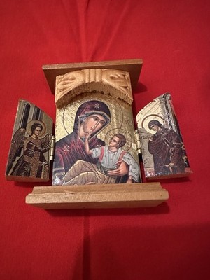Vintage Greek Orthodox Mini Triptych Icon Hand-Carved Wood, Gold Tone Panels  