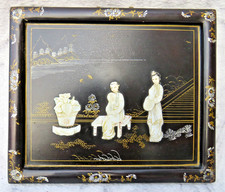 VINTAGE  CHINESE / JAPANESE HAND CARVED MOTHER OF PEARL FIGURES IN WOODEN FRAME