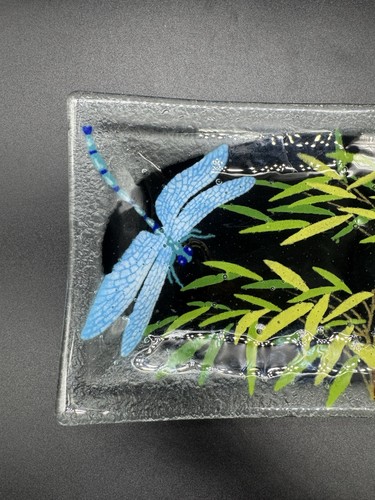 Peggy Karr Glass Dragonfly Bamboo Platter Signed 10”x 6” - Picture 3 of 7