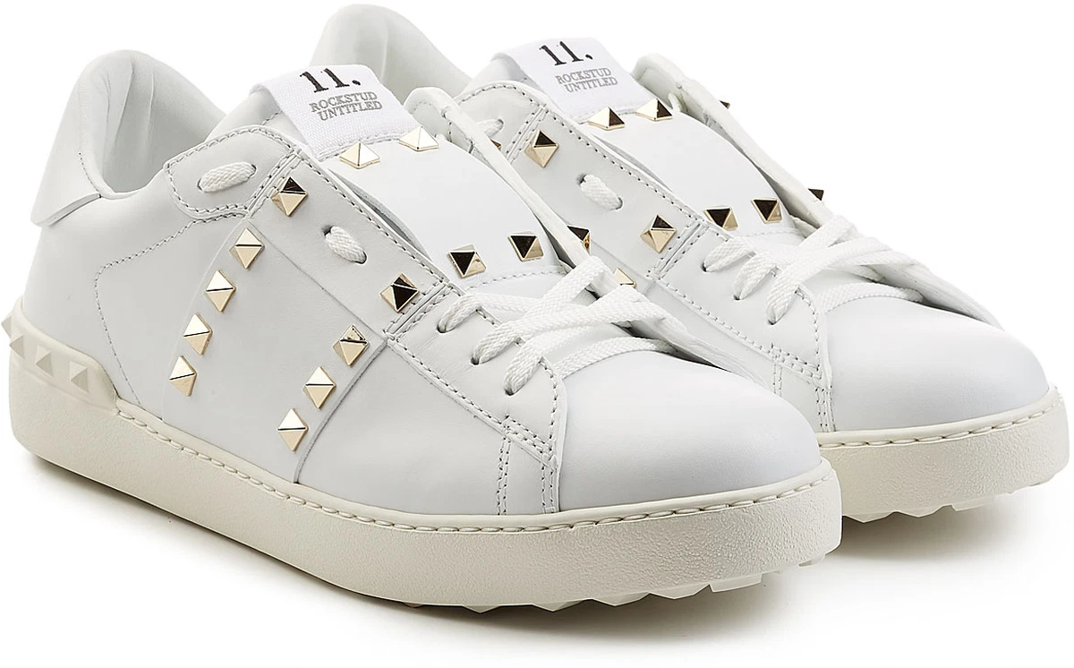 Valentino Garavani: White & Red Rockstud Untitled Sneakers