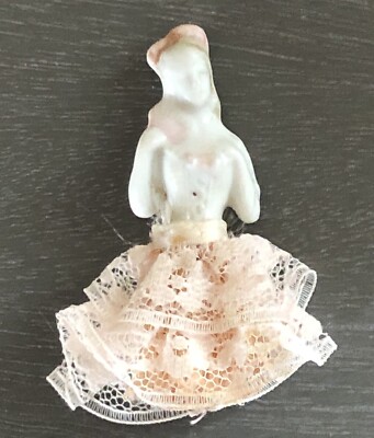 Vintage Porcelain Mini Figurine Lady (half doll) 2.5'' in Champaign Pink Gown