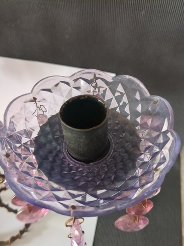 VINTAGE 3 STEM GOTHIC STYLE BLACK WROUGHT IRON & PINK/PURPLE BEAD CANDELABRA - Picture 4 of 5