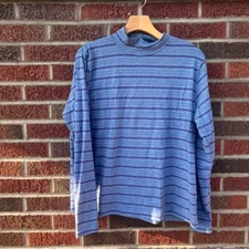Basic Editions Light Blue Striped Mock Neck Long Sleeve Shirt Top