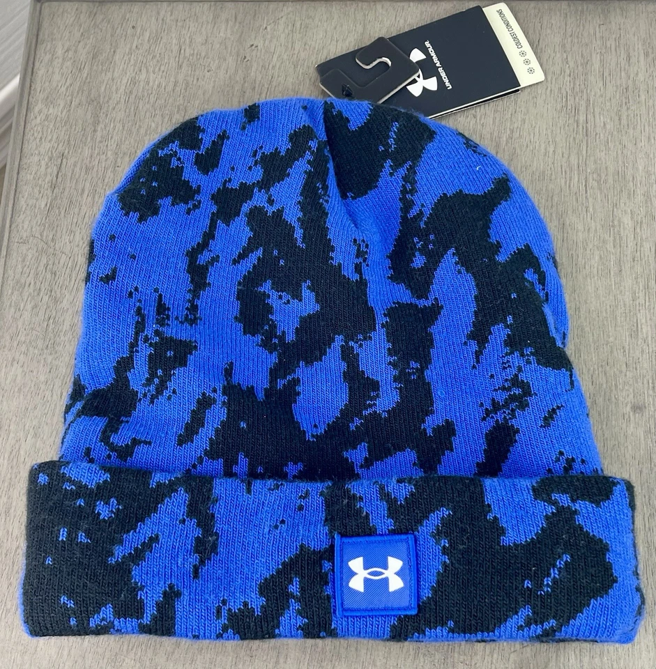 Under Armour UA Halftime Blue/Black Camo Print Cuffed Knit Beanie/Hat, OSFM, NWT - Image 4 of 4