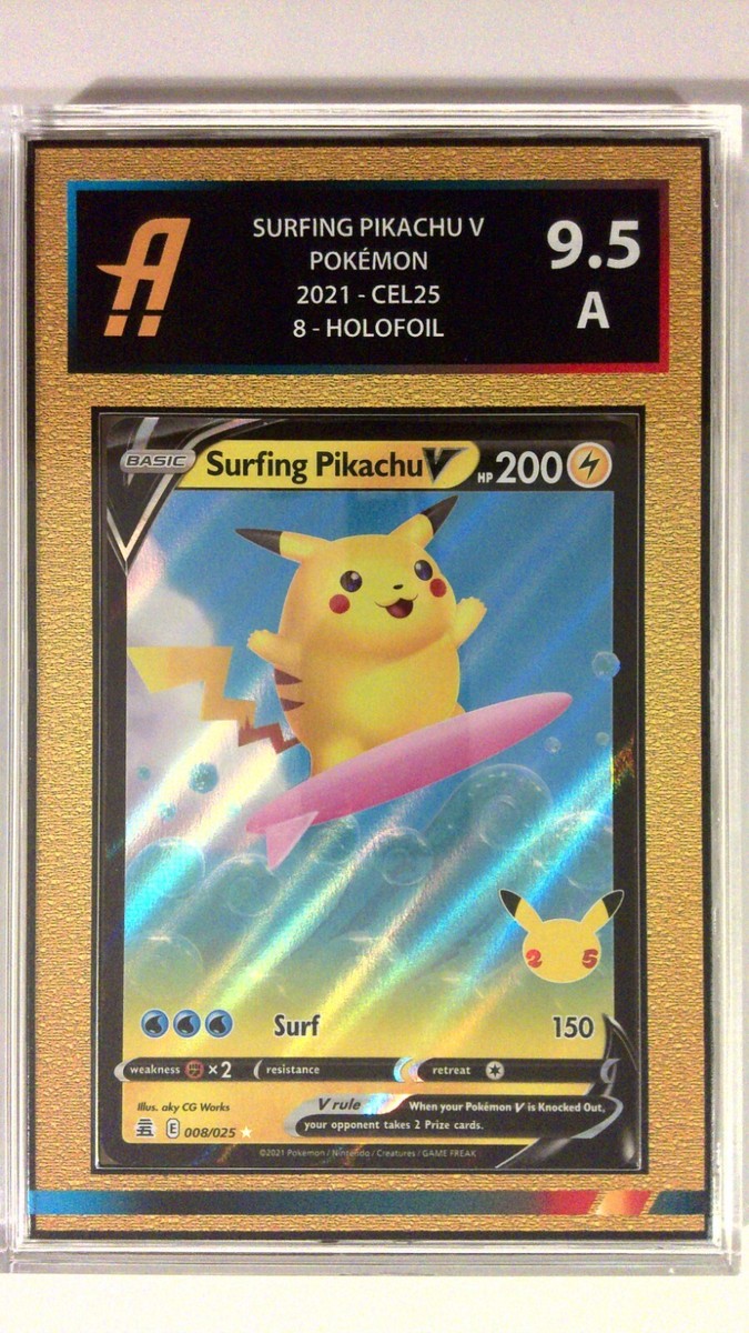 Pokemon Card Surfing Pikachu V Celebrations Graded Ambr 9.5 Golden
