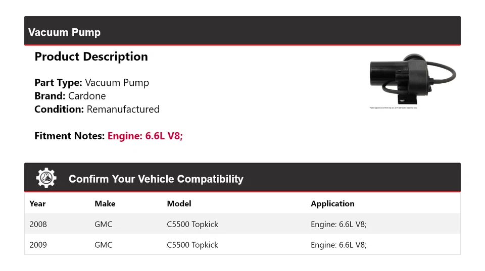 Bomba de vácuo Cardone para 2008-2009 GMC C5500 Topkick 6.6L V8 - Imagem 2 de 4