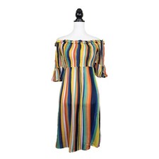 Rainbow Striped Tea Dress Anmol Multicolour Shirred Cottagecore BNWT Size 8