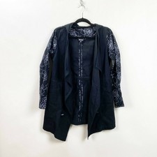 Lularoe Xs Womens Unicorn Supply Denim Black White Floral Open Front Jacket