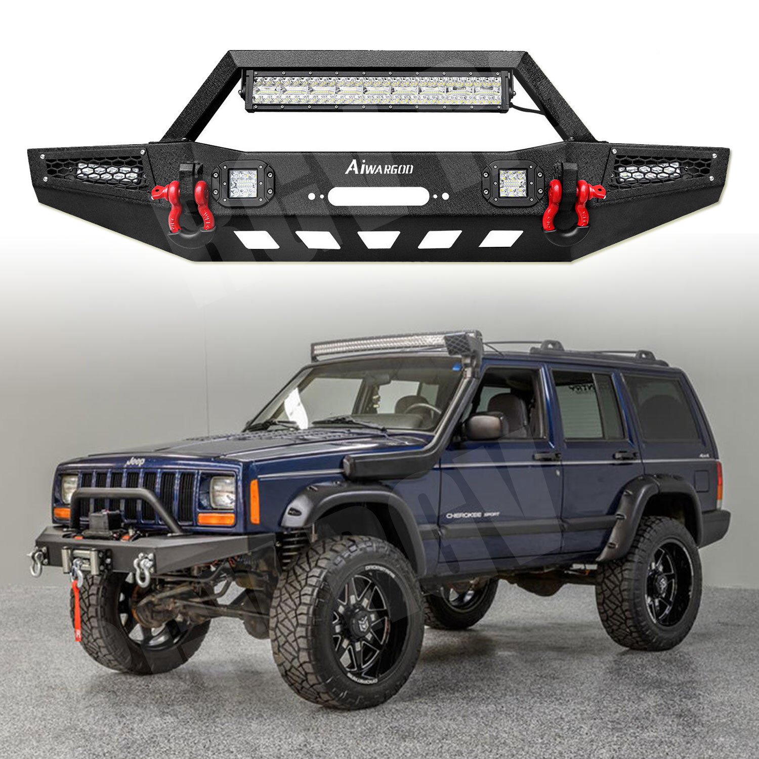 For 1983-2001 Jeep Cherokee XJ Steel Front Bumper w/ Winch Plate & LEDs & D-Ring
