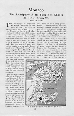 MONACO DAS FÜRSTENTUM MONACO KARTE um 1920 ALTER ILLUSTRATIONSDRUCK