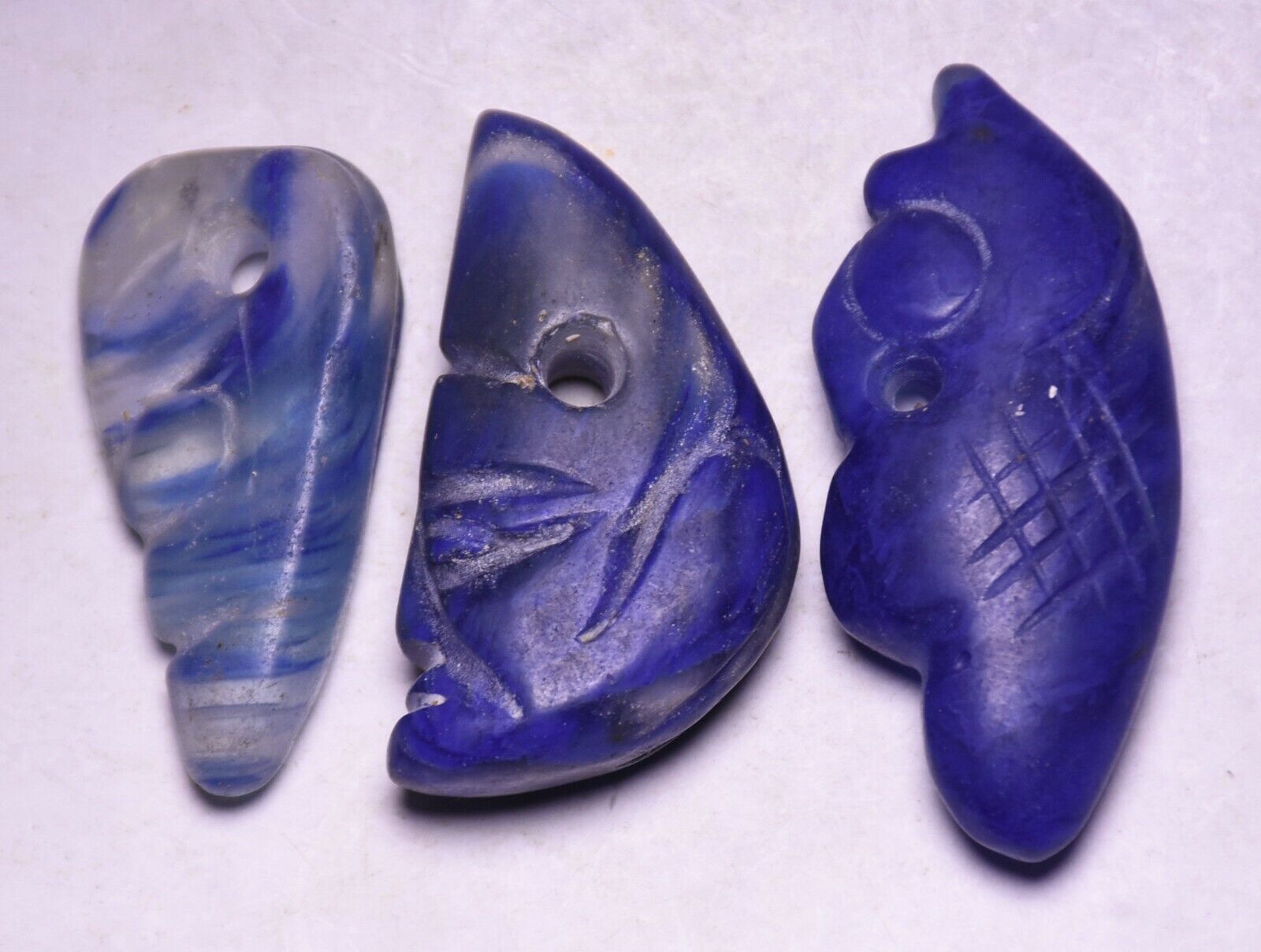 7.5CM Hongshan Culture Blue Crystal Fish Beast Three Item Set Amulet Pendant