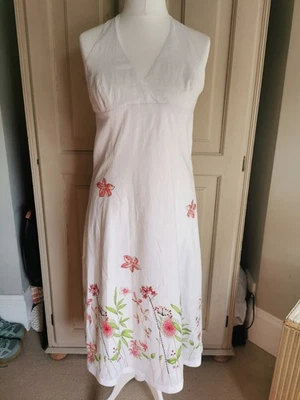 Y2K-era White Linen Blend Boho Halterneck Midi Dress Floral Beaded Pattern Sz 12 - Image 1 of 4