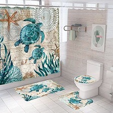 Nautical Blue Sea Bathroom Sets with Shower Curtain and Rugs and Ocean Turtle