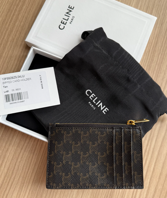 NEW CELINE Triomphe Zipped Card Holder Coin Case Purse Tan Leather